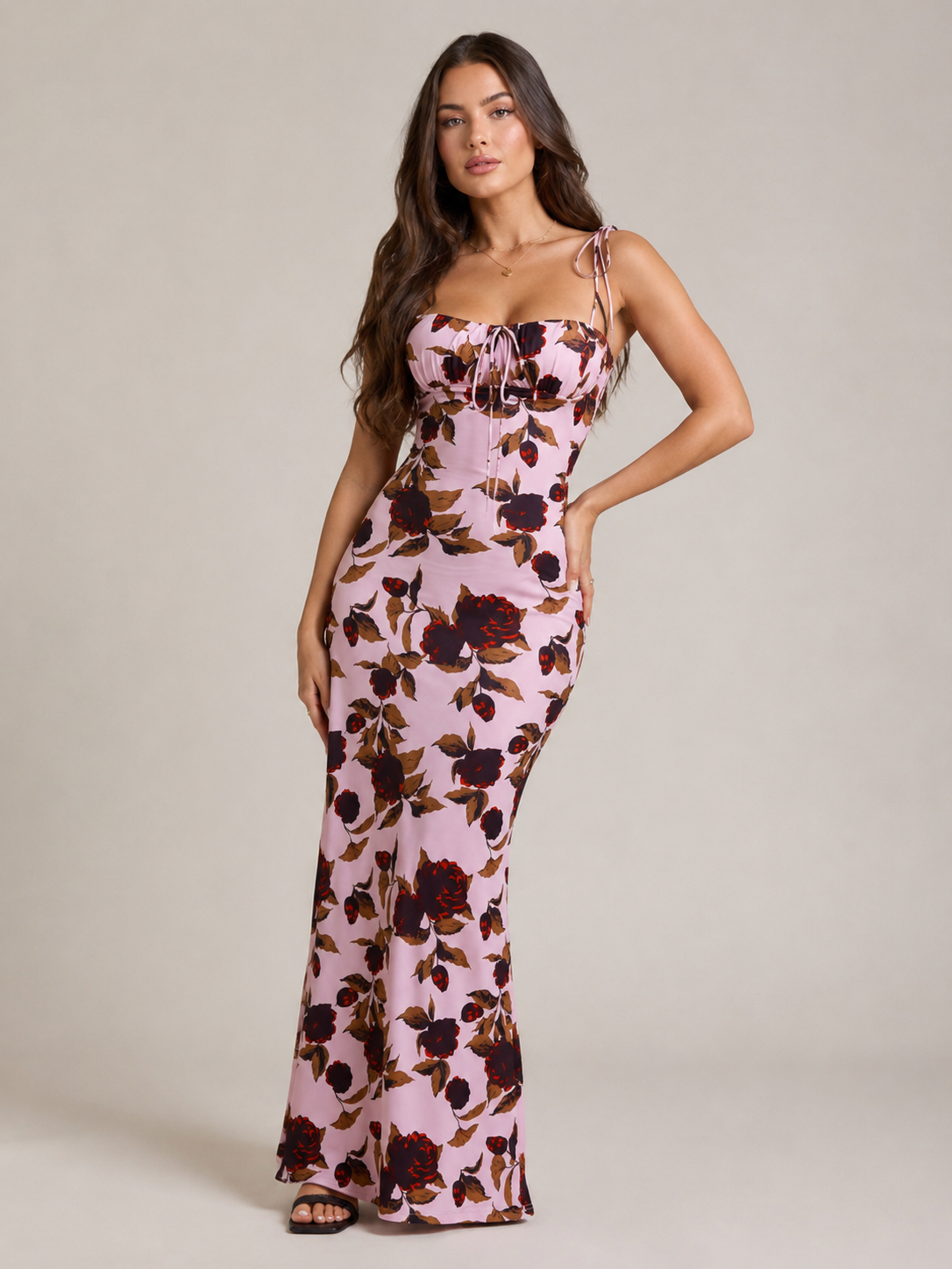 Floral Maxi Dress Women – Sweetheart Neckline Bow Detail