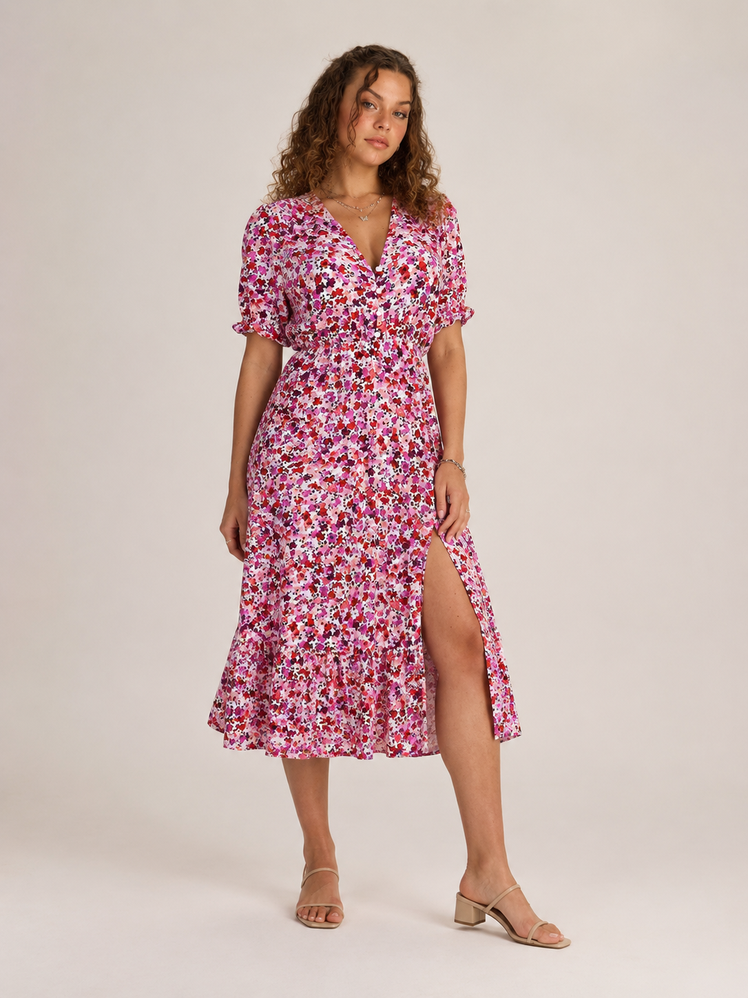 Blomstret Maxikjole Dame – V-Hals med Knapper Fortil