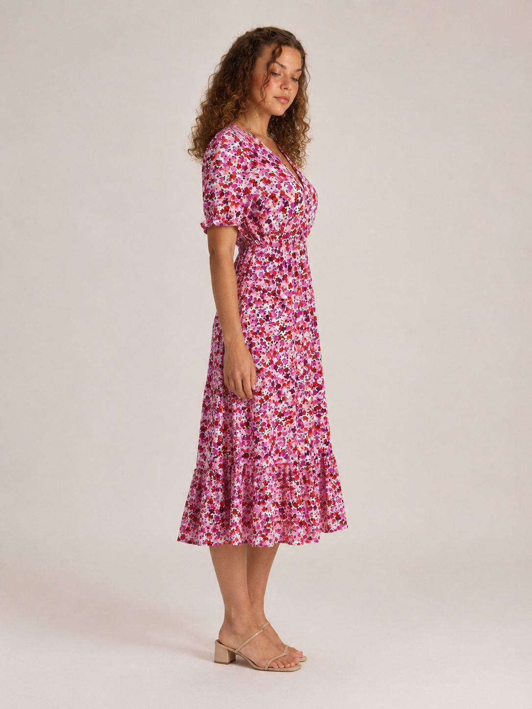 Blomstret Maxikjole Dame – V-Hals med Knapper Fortil