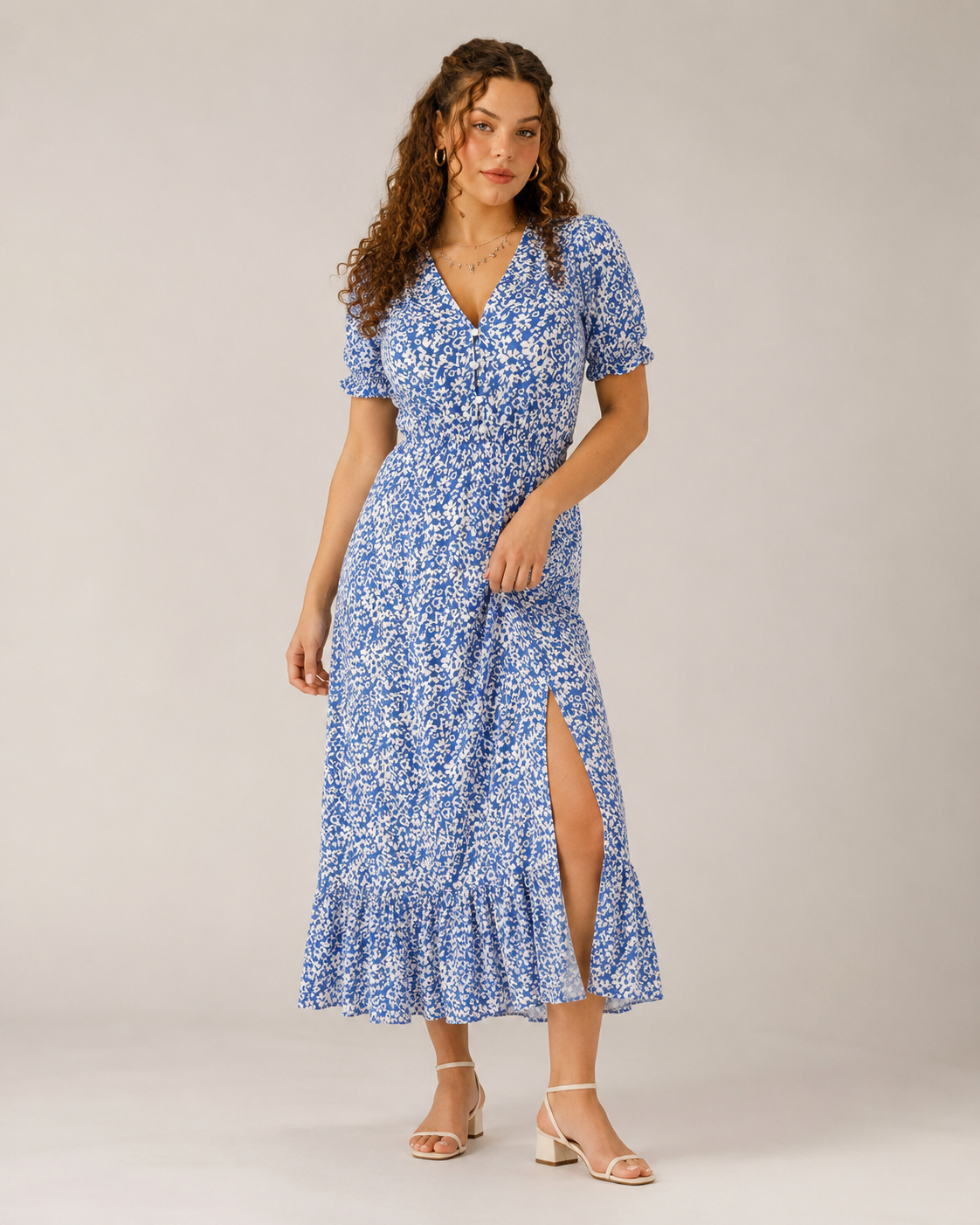 Blomstret Maxikjole Dame – V-Hals med Knapper Fortil