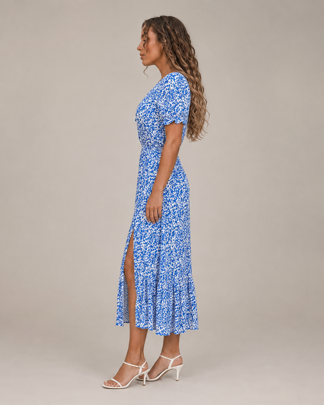 Blomstret Maxikjole Dame – V-Hals med Knapper Fortil