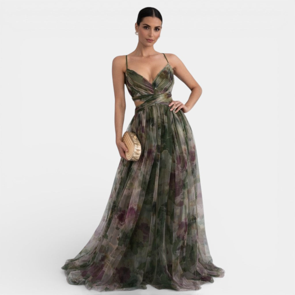 Women's Floral Maxi Dress – Flowy Chiffon Wedding Guest Dress | Spaghetti Strap Formal Gown, Multicolour