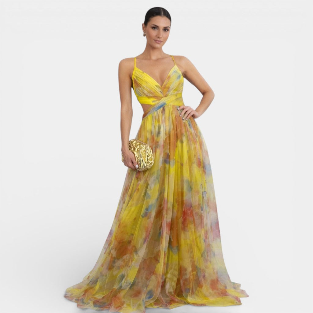 Women's Floral Maxi Dress – Flowy Chiffon Wedding Guest Dress | Spaghetti Strap Formal Gown, Multicolour