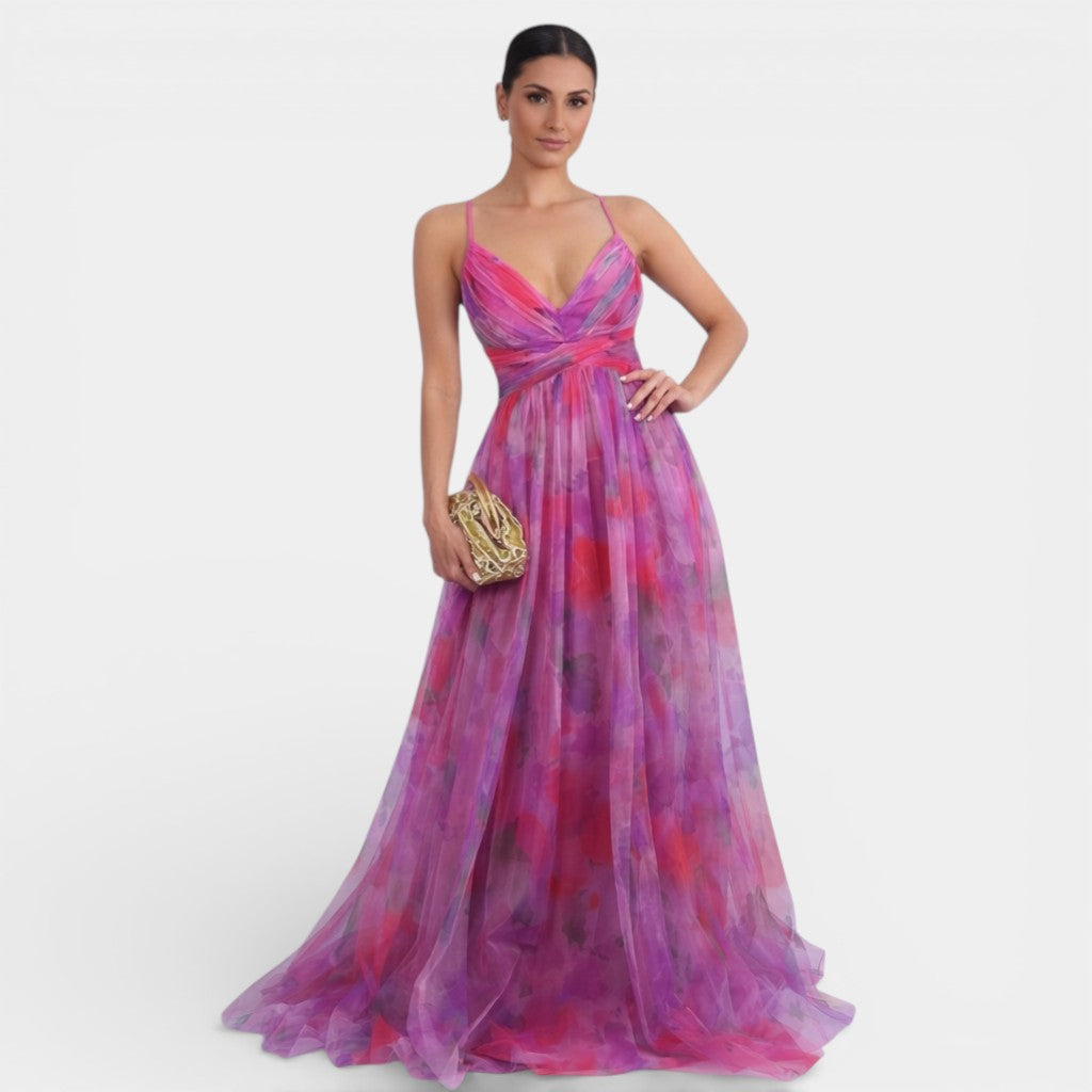 Women's Floral Maxi Dress – Flowy Chiffon Wedding Guest Dress | Spaghetti Strap Formal Gown, Multicolour