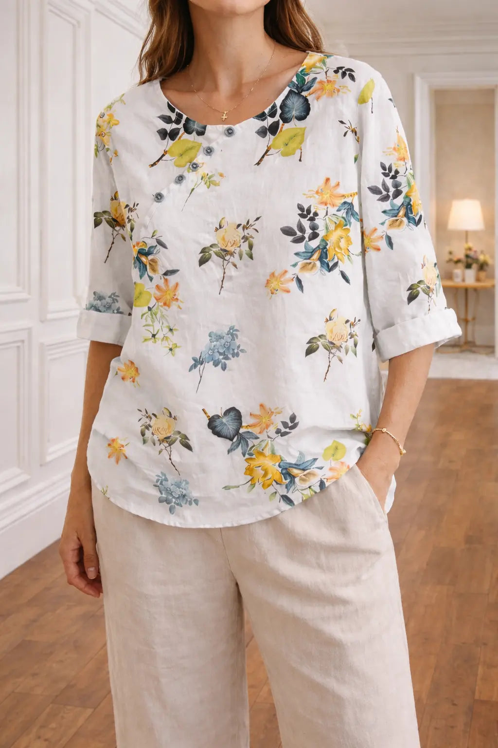 Bluse dame botanisk blomsterprint knapkrave bomuldsblanding relaxed hverdag sommer  Panorla