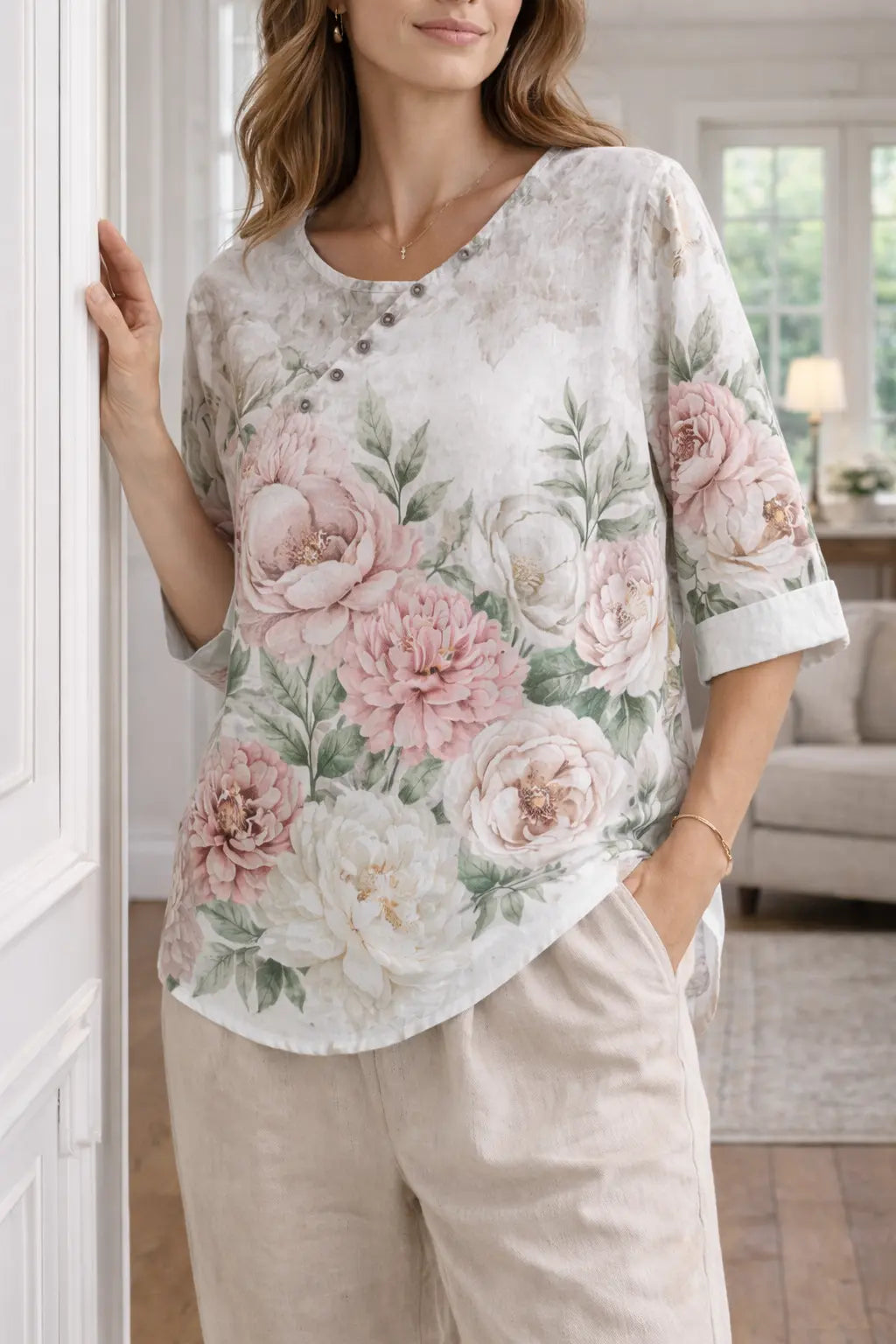 Bluse dame botanisk blomsterprint knapkrave bomuldsblanding relaxed hverdag sommer  Panorla