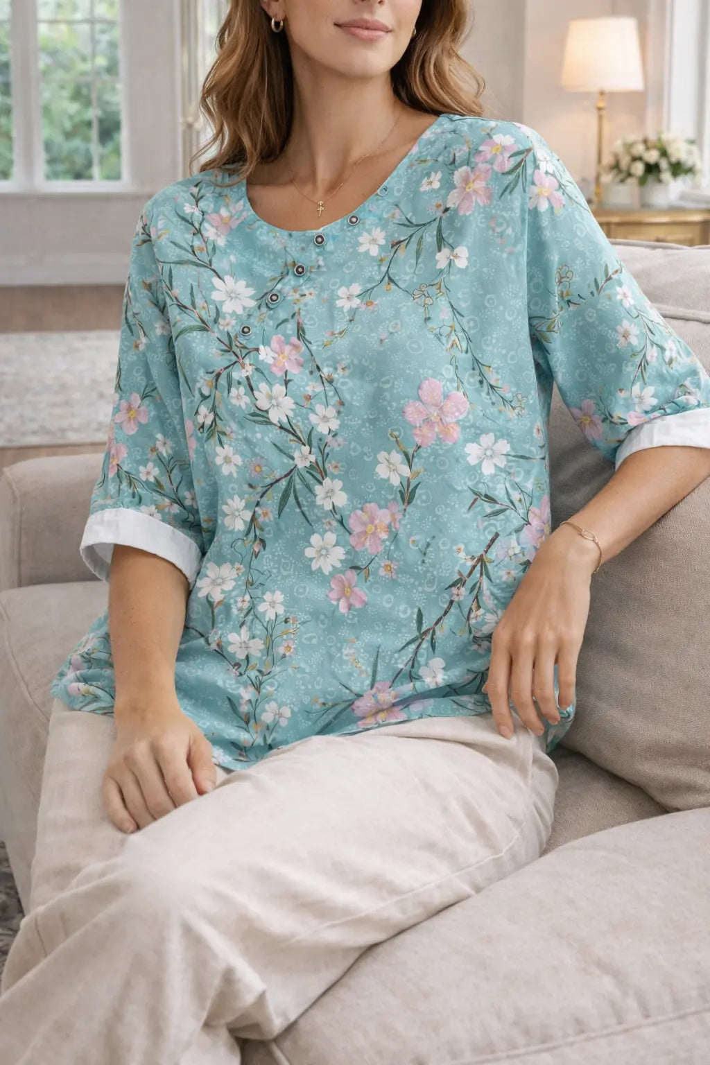 Bluse dame botanisk blomsterprint knapkrave bomuldsblanding relaxed hverdag sommer  Panorla