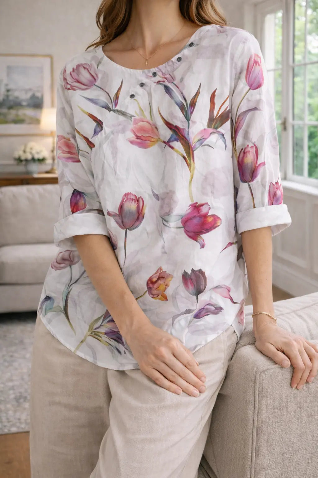 Bluse dame botanisk blomsterprint knapkrave bomuldsblanding relaxed hverdag sommer  Panorla