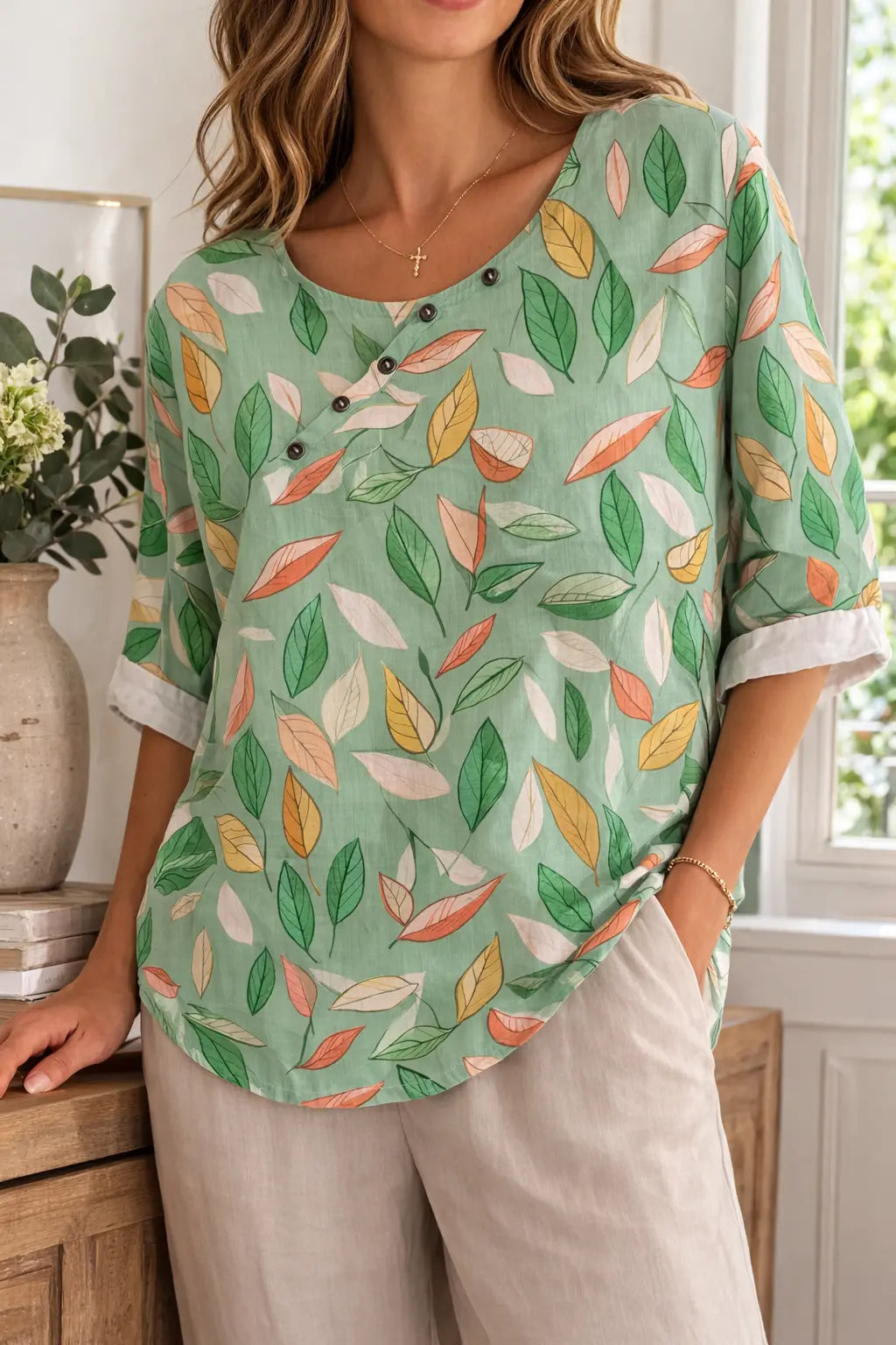 Bluse dame botanisk blomsterprint knapkrave bomuldsblanding relaxed hverdag sommer  Panorla