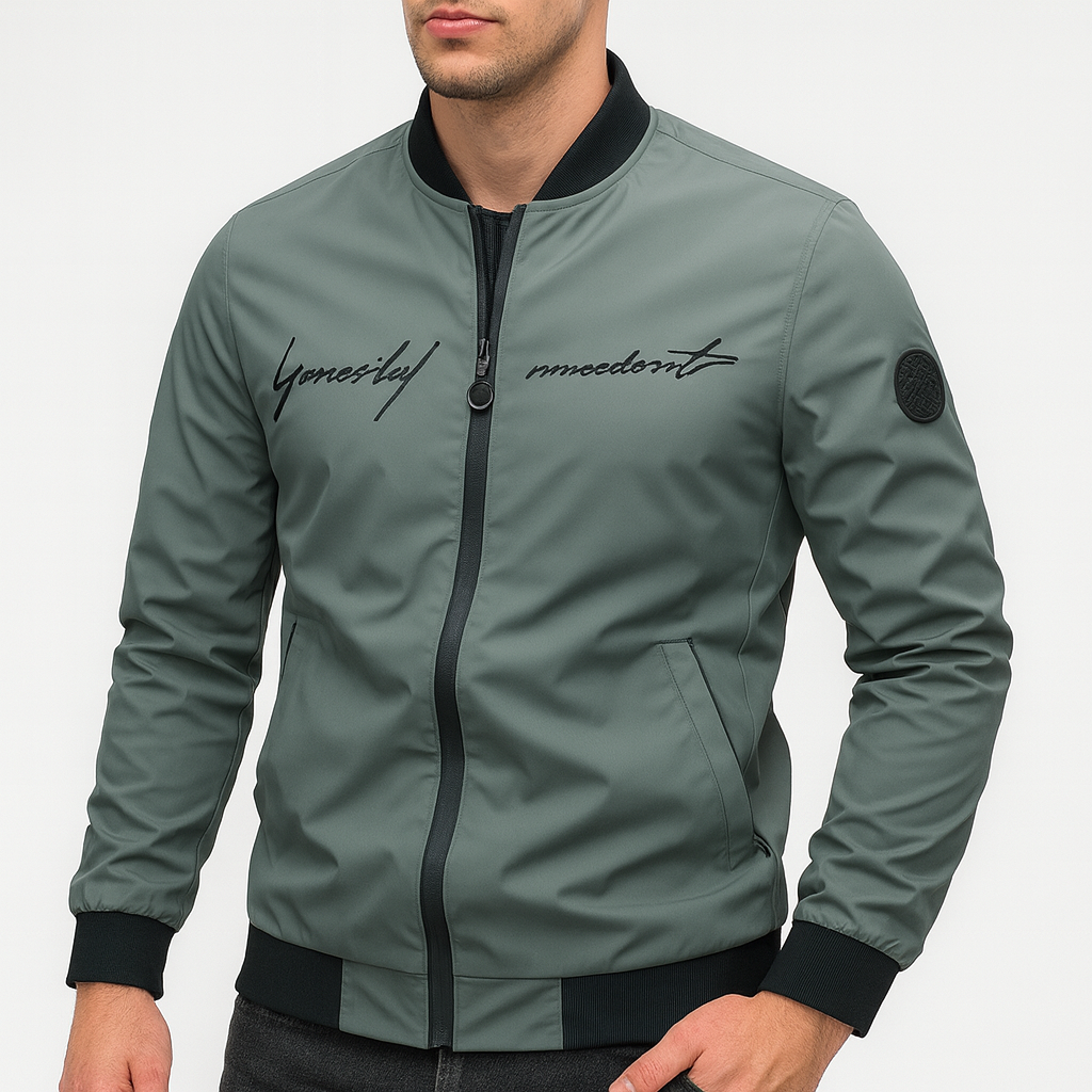 Herre Bomber Jakke med Broderi - Casual Streetwear, Letvægts, Ribbet Krave og Manchetter, Perfekt til Efterår og Vinter 1