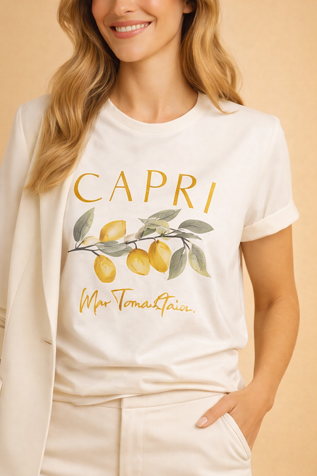 Sommerkollektion | T-shirt Med Print Dame med Capri & Citron Motiv | Løs Pasform til Komfort og Stil 1