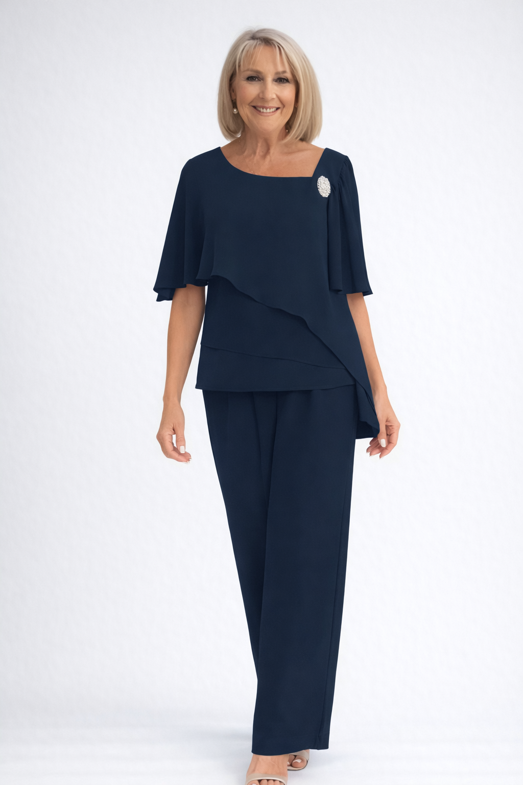 Women's Chiffon 2 Piece Outfit – Mother of the Bride Pants Set | Wedding Guest Formal Occasion Wear – Dusty Blue