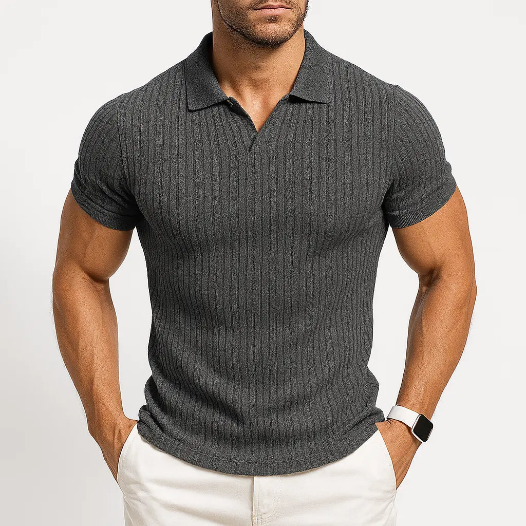 Ribbet Poloshirt Til Mænd Med V-Udskæring | Slim Fit Design For Komfort Og Stil 1
