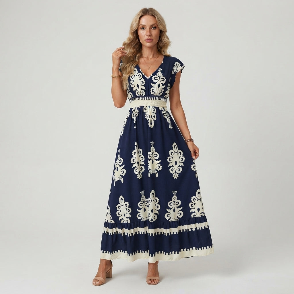 Blomstret Maxikjole Dame V-Hals – Lang Sommerkjole