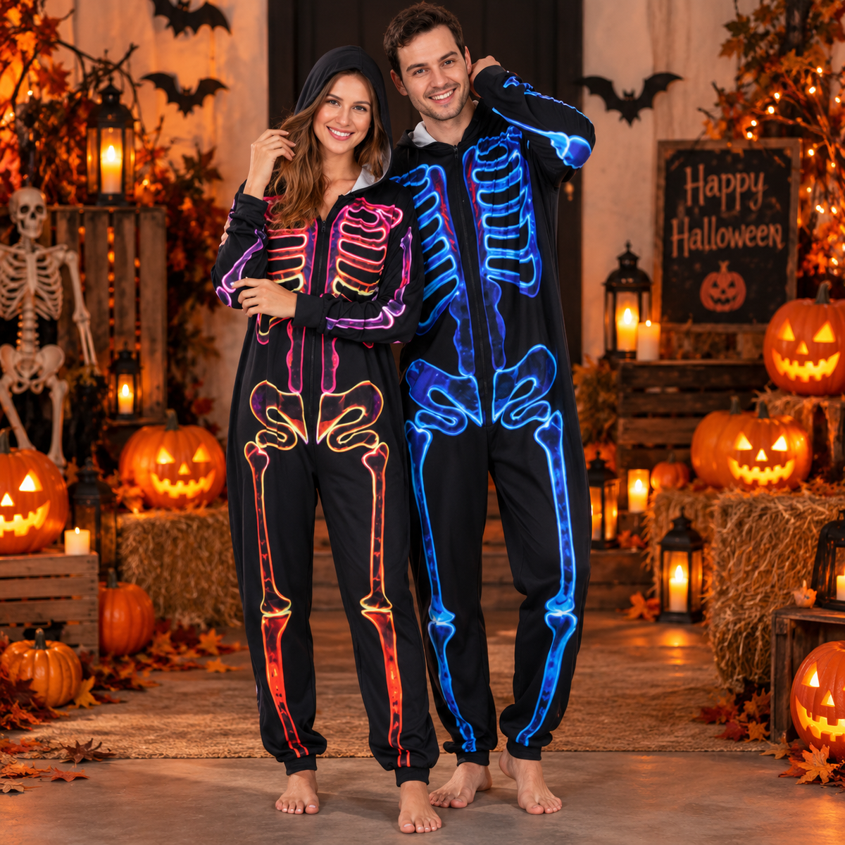 Halloween Onesie Unisex – Sort Skelet Jumpsuit i Ét Stykke