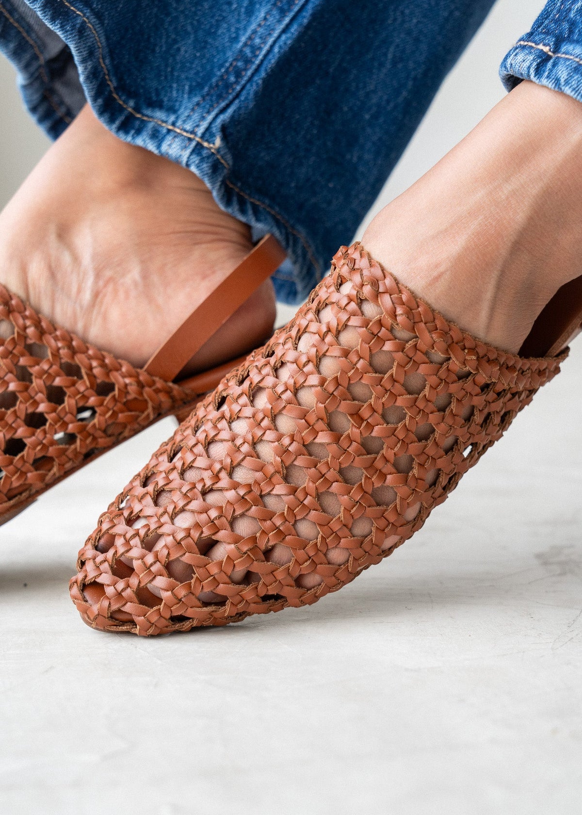 Flettet Mule Dame Læder – Spids Tå Slip-On i Cognac