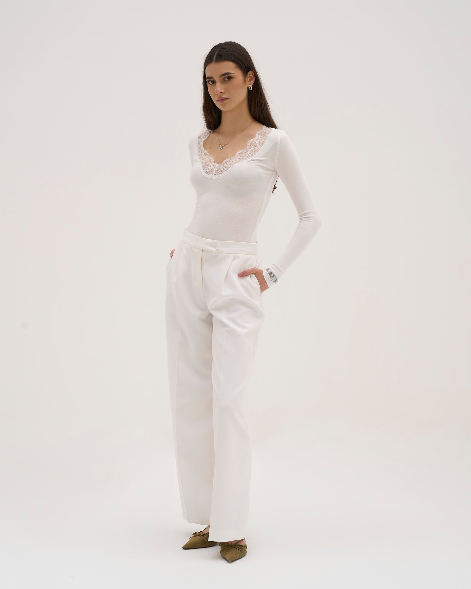 Long Sleeve Lace Top Women – Scalloped Neckline Stretch Cotton, White