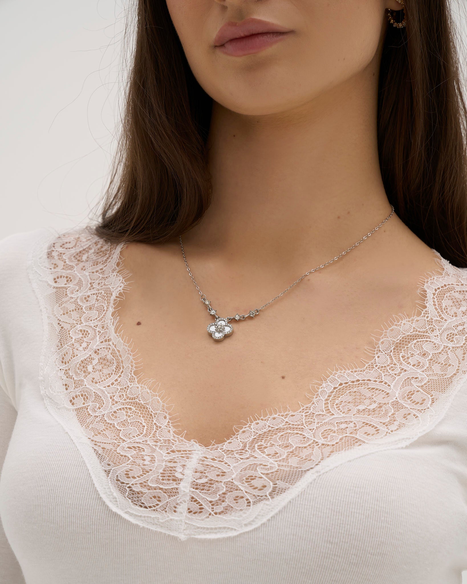 Long Sleeve Lace Top Women – Scalloped Neckline Stretch Cotton, White
