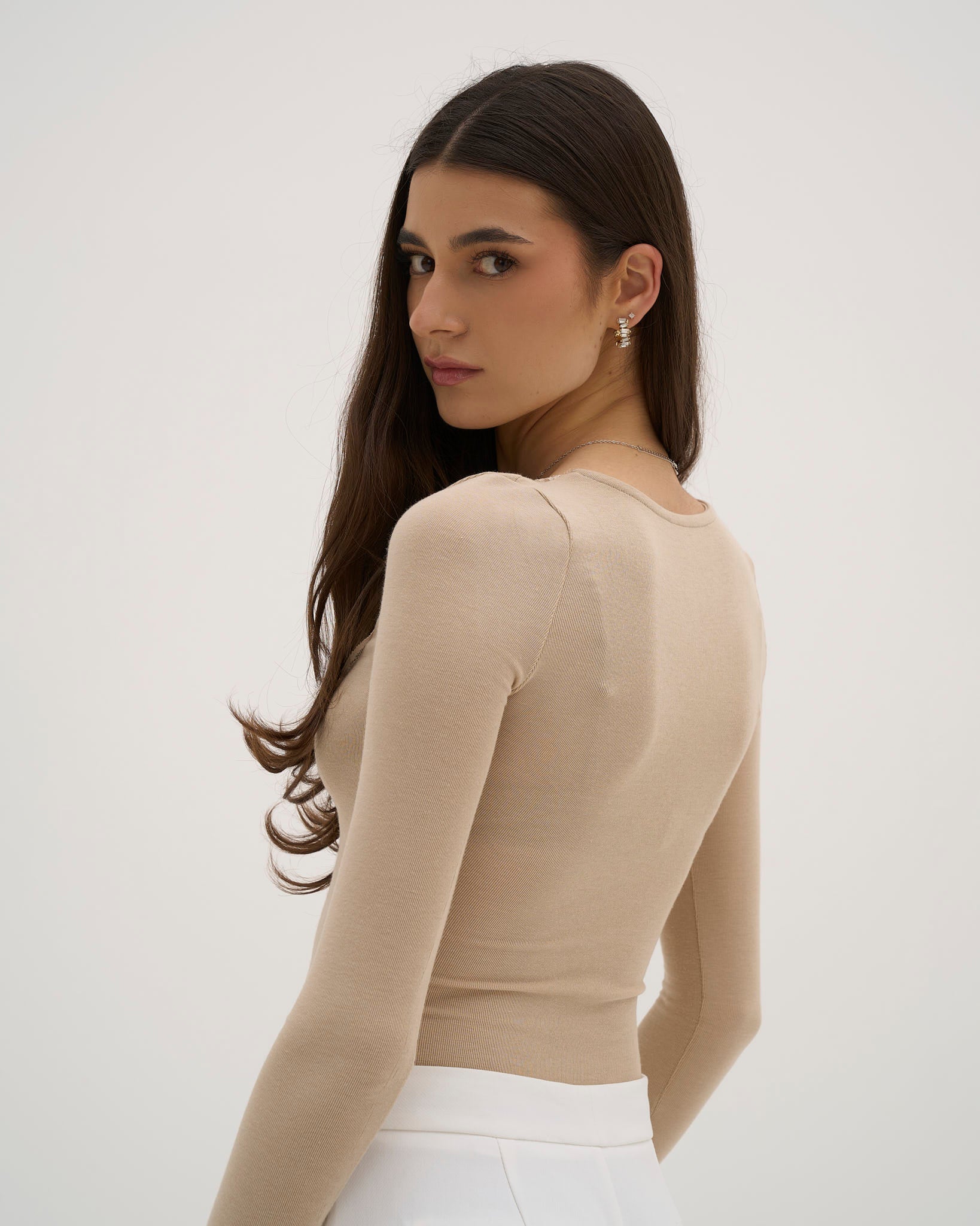 Long Sleeve Lace Top Women – Scalloped Neckline Stretch Cotton, Beige