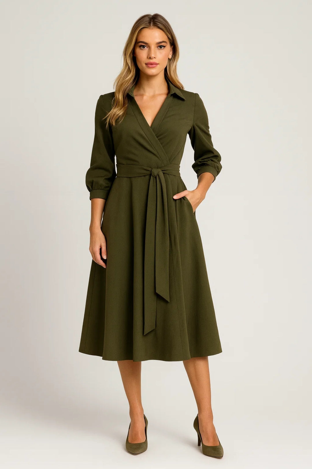 Women's Wrap Midi Dress – Belted, Three-Quarter Sleeve, Pockets