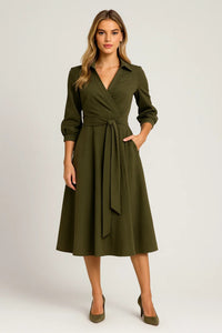 Women's Wrap Midi Dress – Belted, Three-Quarter Sleeve, Pockets