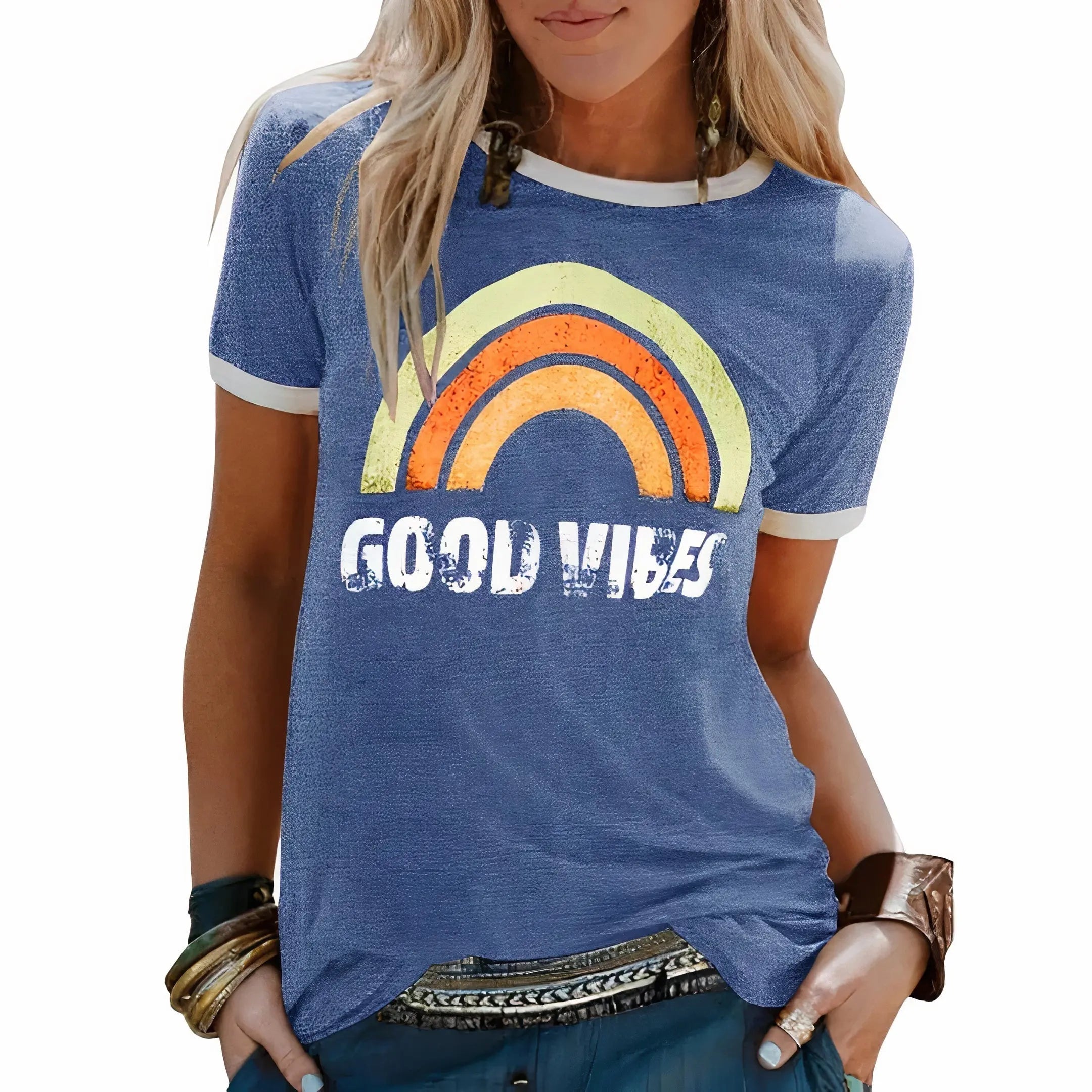 Frida T-shirt Dame med Retro Print – Bomuld med Kontrastkant  Panorla