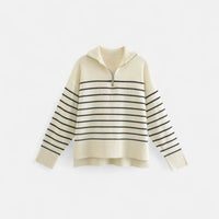 Damski Sweter z Krótkim Zamkiem – w Paski, Stójka, Luźny