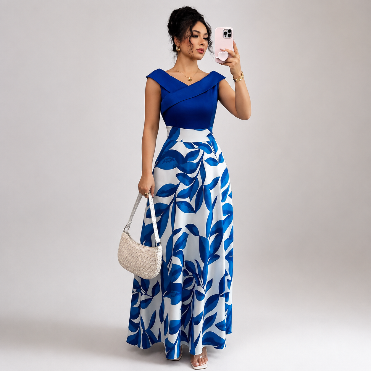 Printed Maxi Dress Women – V-Neck Evening Gown with Print
