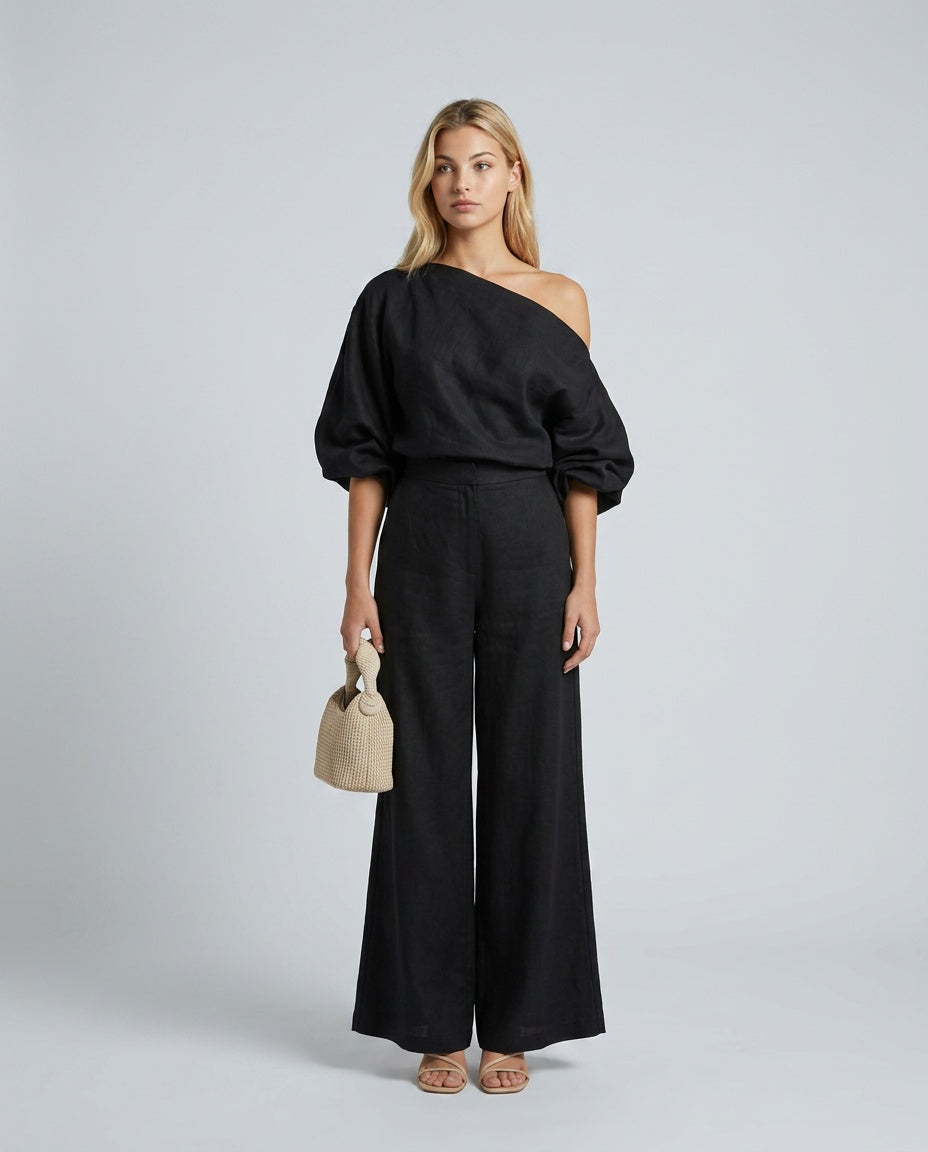 Sæt Dame One-Shoulder – Hørlook Top og A-formet Maxinederdel
