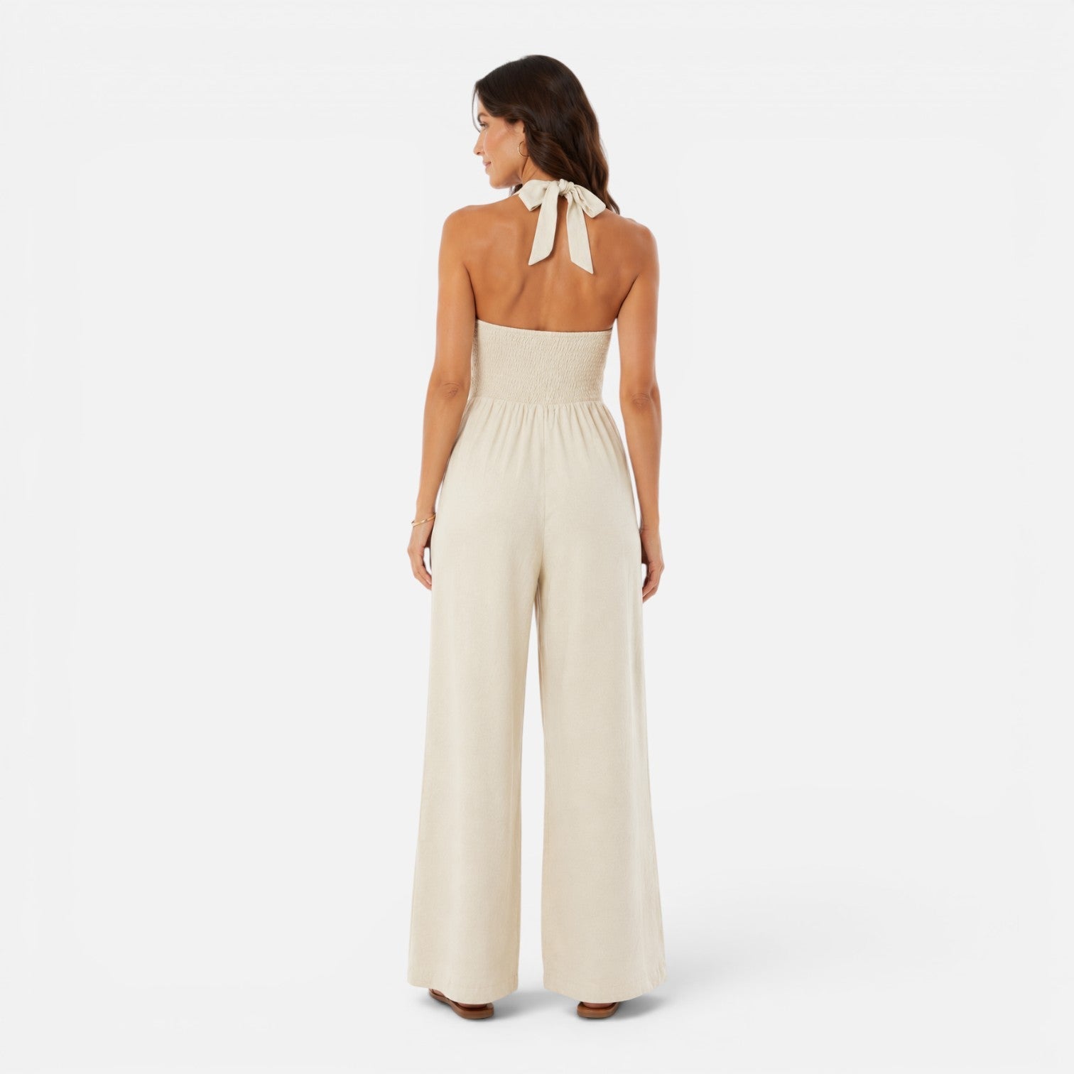 Mira | Halter Buksedragt Dame i Beige Viskose med Vide Ben | Elegant Jumpsuit til Sommerfester 2