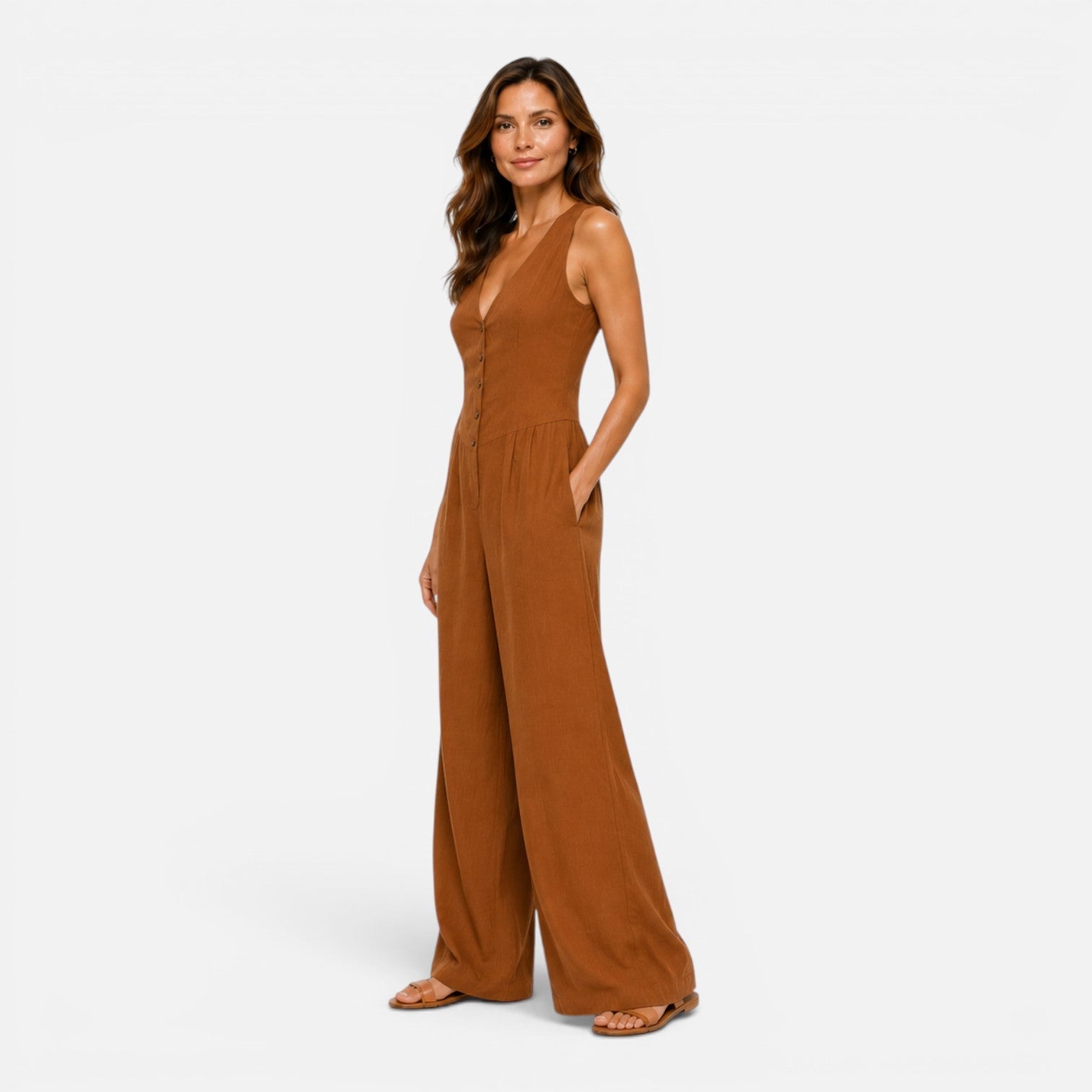 Astrid | Buksedragt Dame med V-hals og Vide Bukseben | Komfortabel One-Piece til Sommer 2