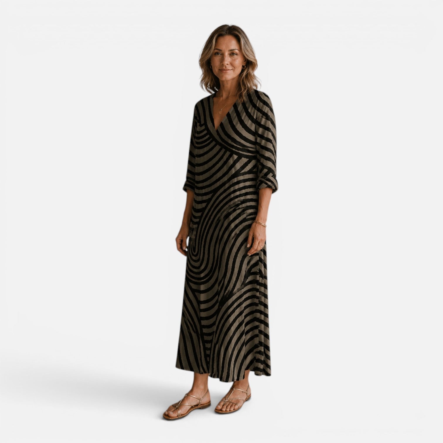 Nora | Maxi Kjole med Lange ærmer i Beige med Abstract Print | Løs Pasform til Sommerens Ferier 2