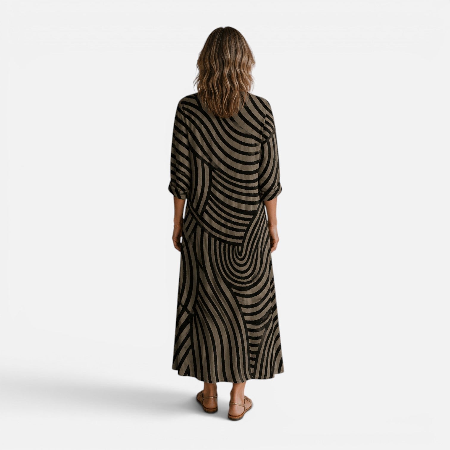 Nora | Maxi Kjole med Lange ærmer i Beige med Abstract Print | Løs Pasform til Sommerens Ferier 3
