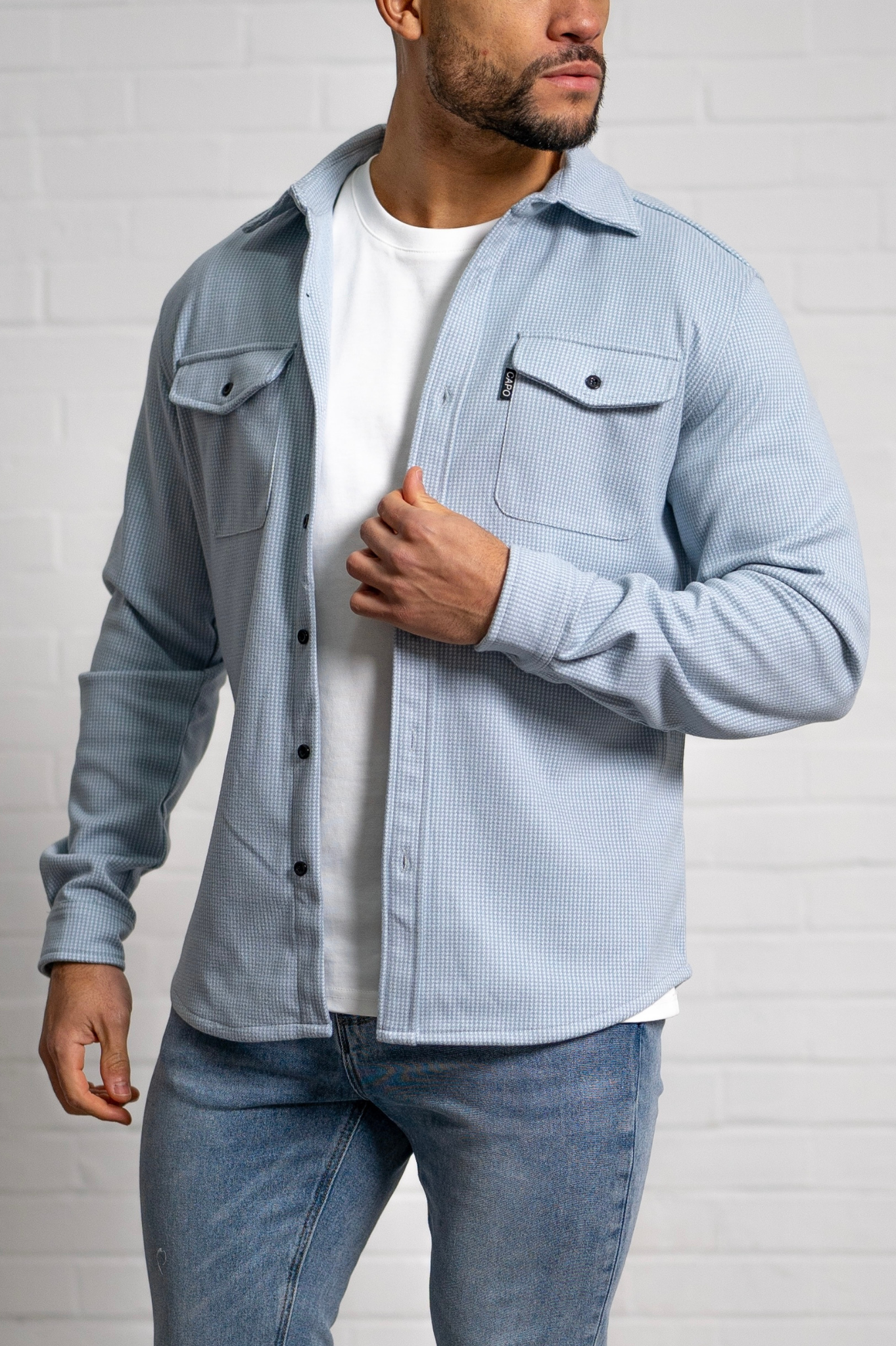 Flannel Herre Skjorte i Houndstooth Mønster - Baby Blue, Komfortabel og Stilfuld 0