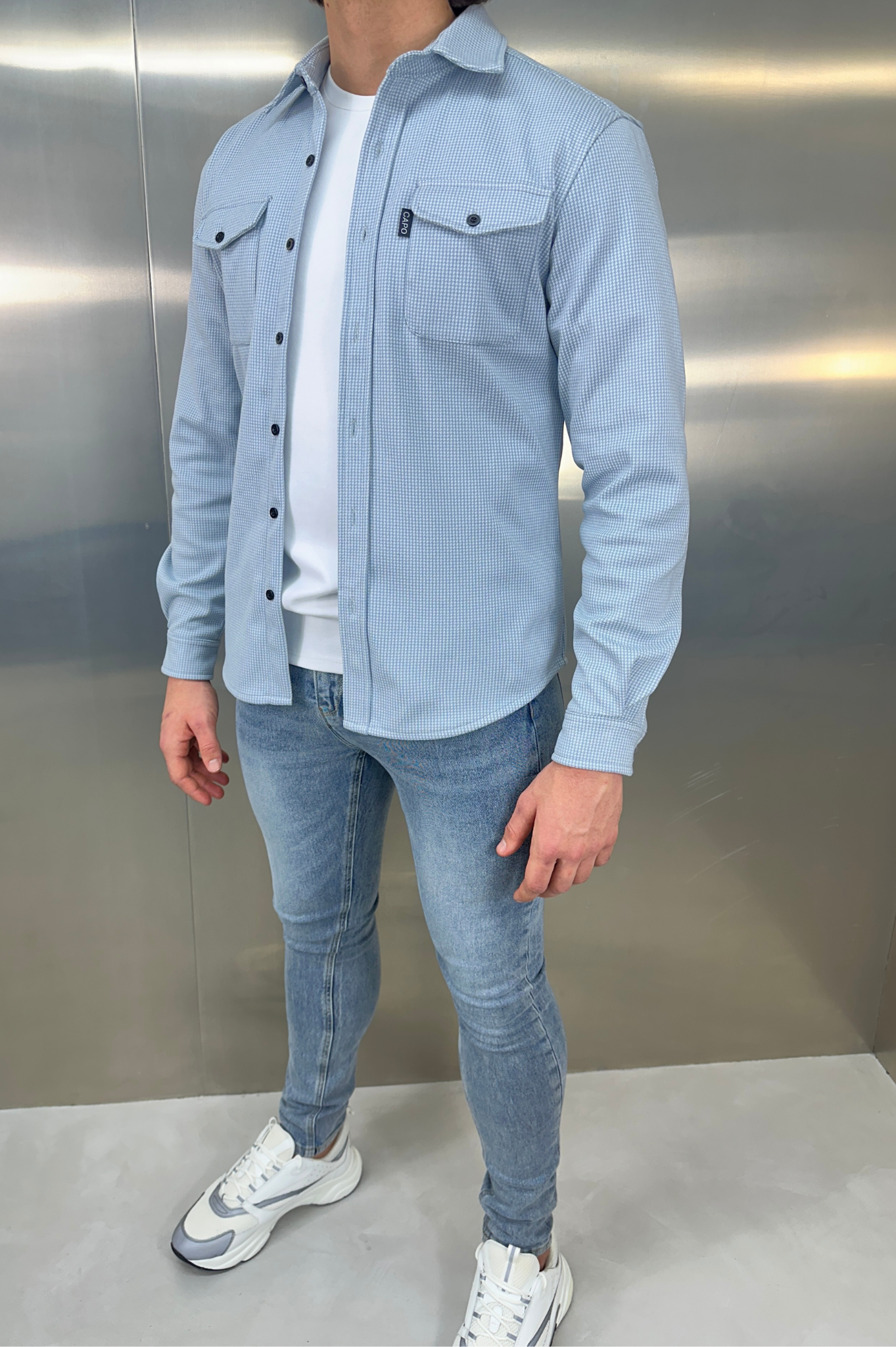 Flannel Herre Skjorte i Houndstooth Mønster - Baby Blue, Komfortabel og Stilfuld 4