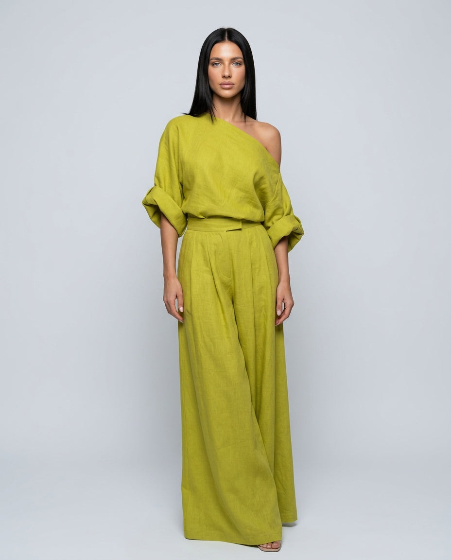 Sæt Dame One-Shoulder – Hørlook Top og A-formet Maxinederdel