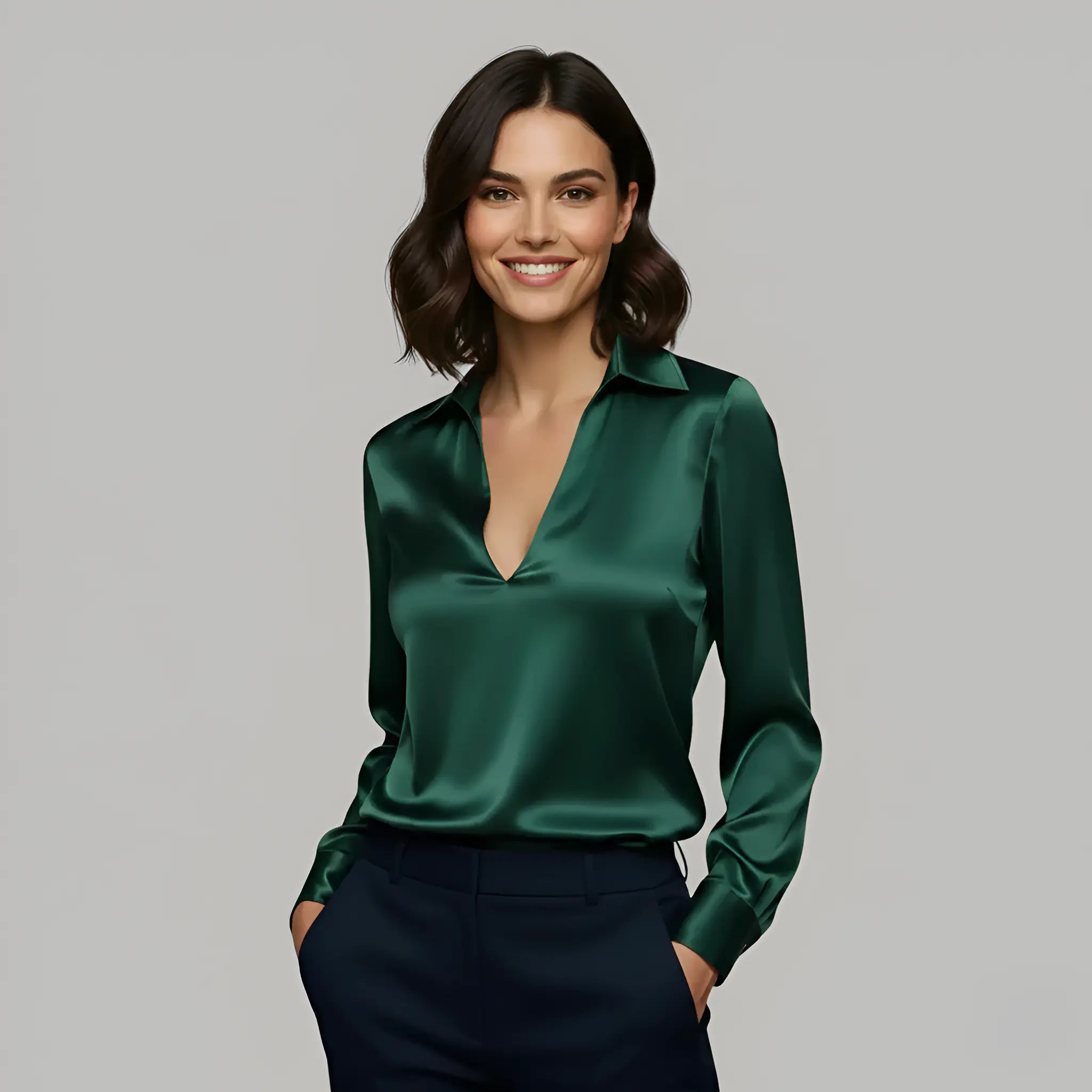 Elina Satinbluse Dame | Elegant V-Hals Bluse med Lange Ærmer | Komfortabel og Alsidig til Arbejde og Fest 5
