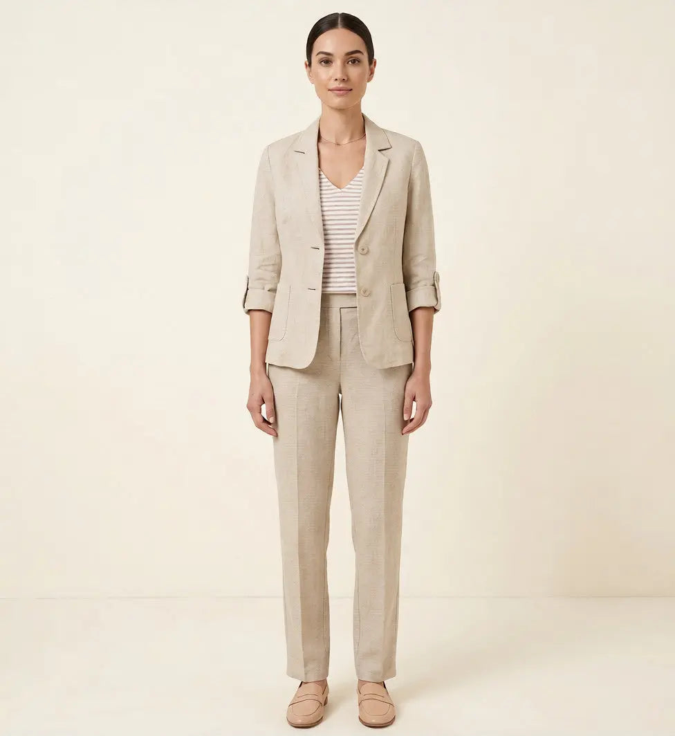 Tilde Beige Hørblazer Dame – Tailored med Knapfront og Lommer  Panorla