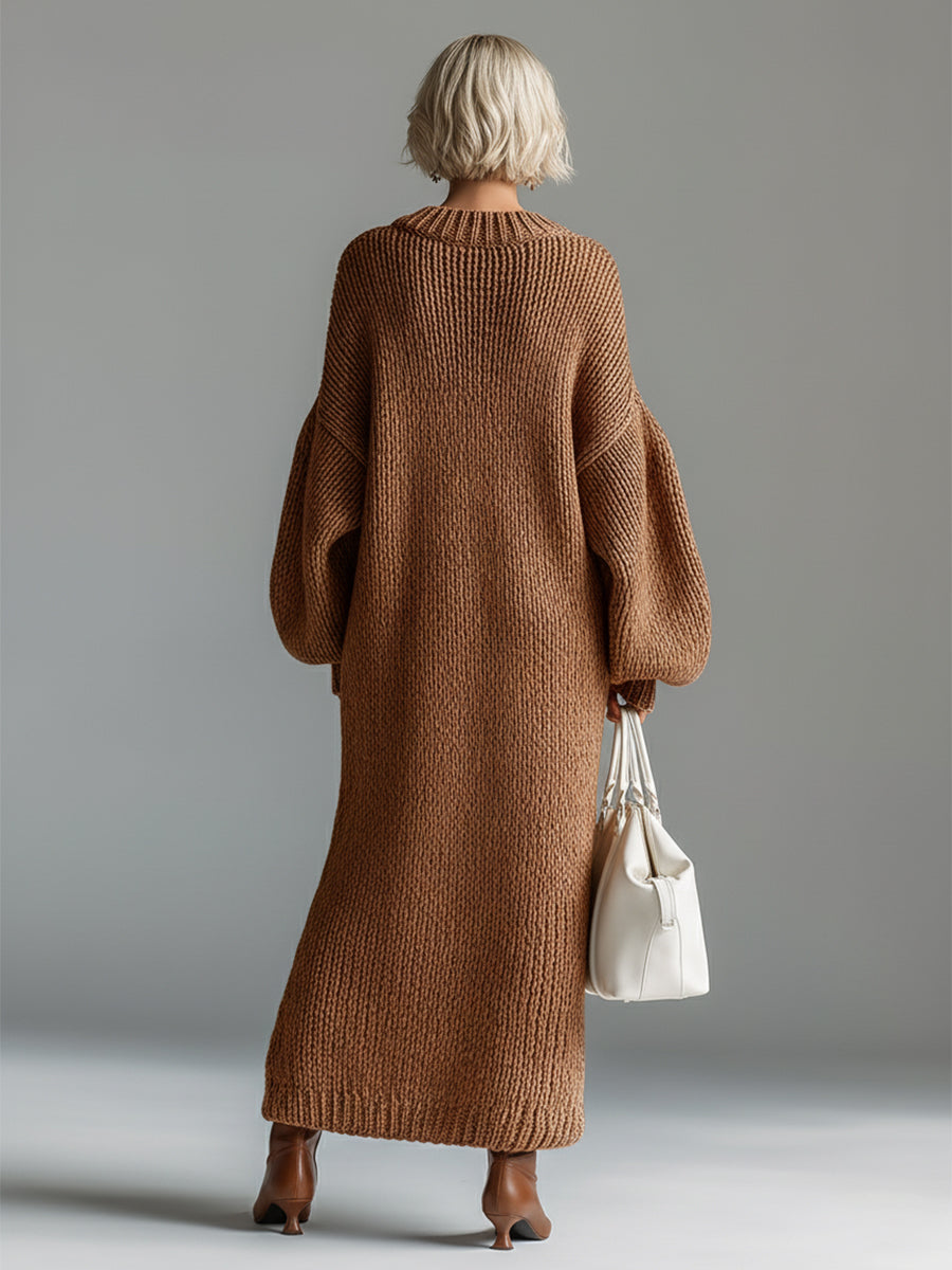 Nadia Oversized Strikkjole Dame – Lang Maxi med Rund Hals