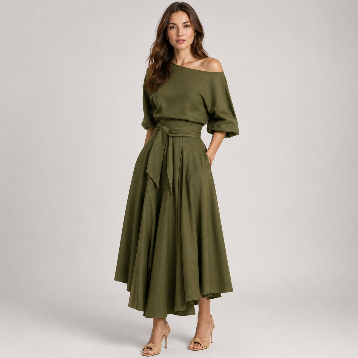Off-Shoulder Maxikjole Dame – Bindebånd i Taljen