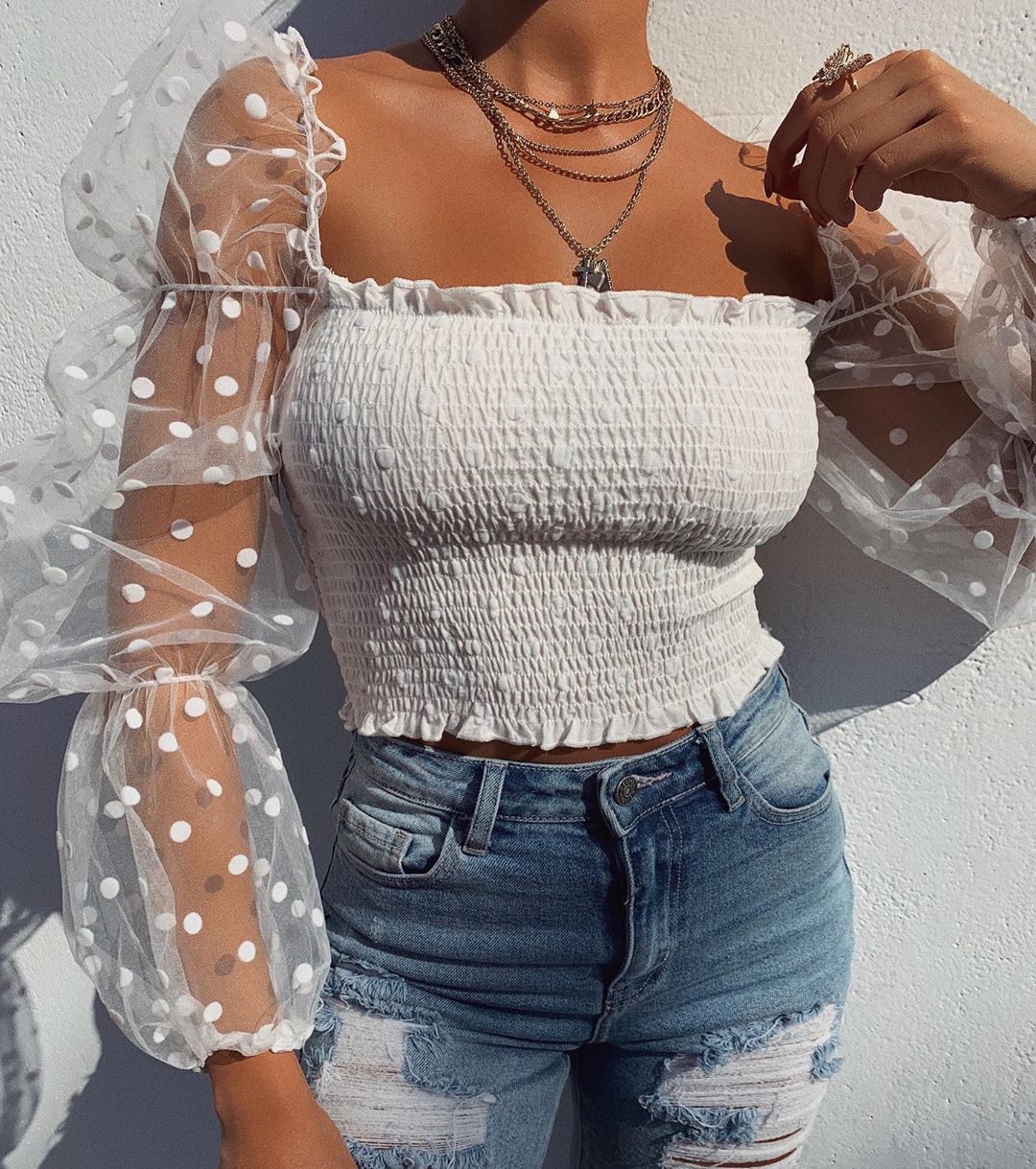 Chiffonbluse Dame – Pufærme Prikket Bluse Til Fest