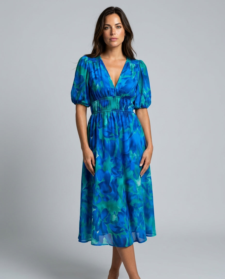 Puff Sleeve Midi Dress Women – V-Neck Pleated Abstract Dress