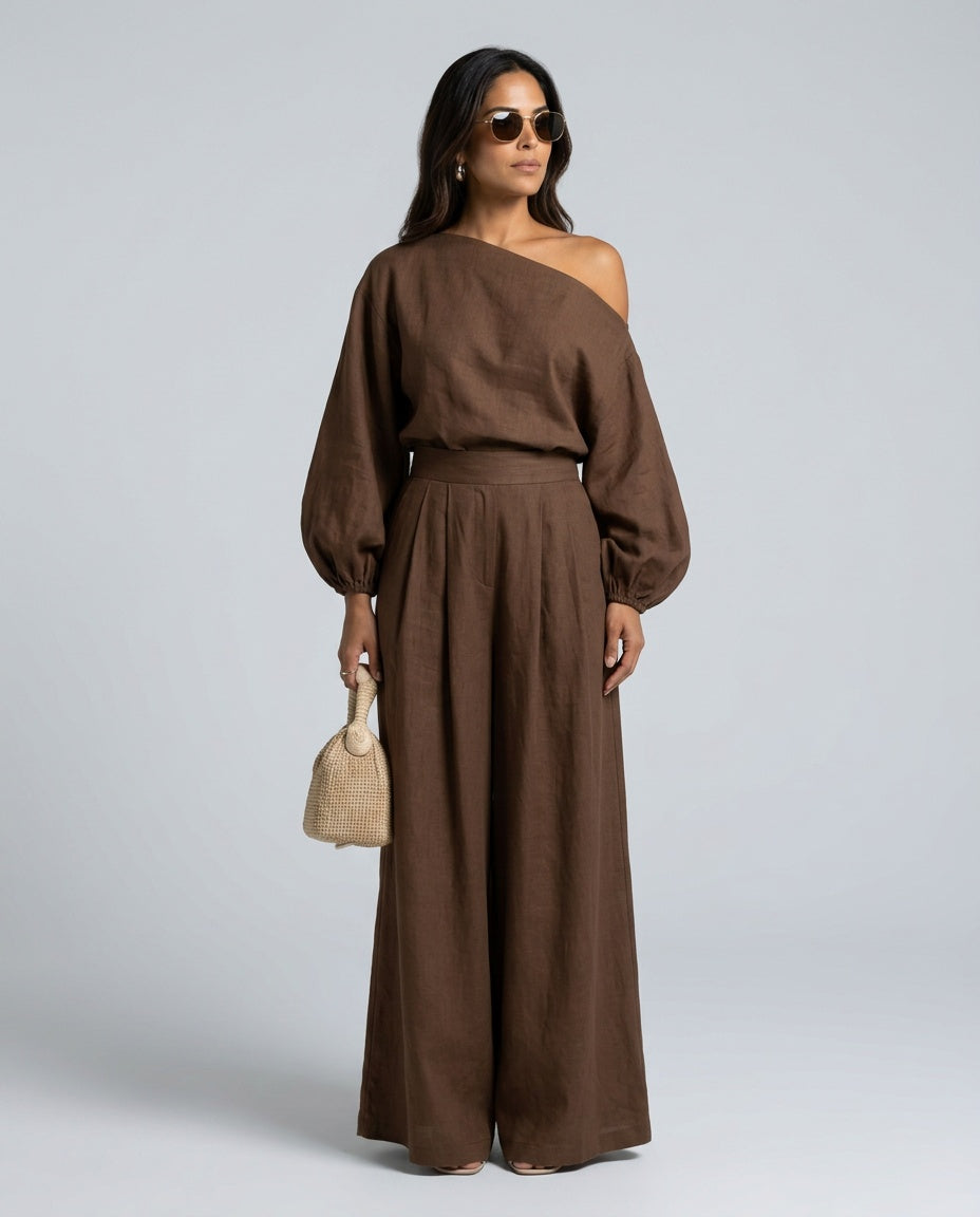 Sæt Dame One-Shoulder – Hørlook Top og A-formet Maxinederdel