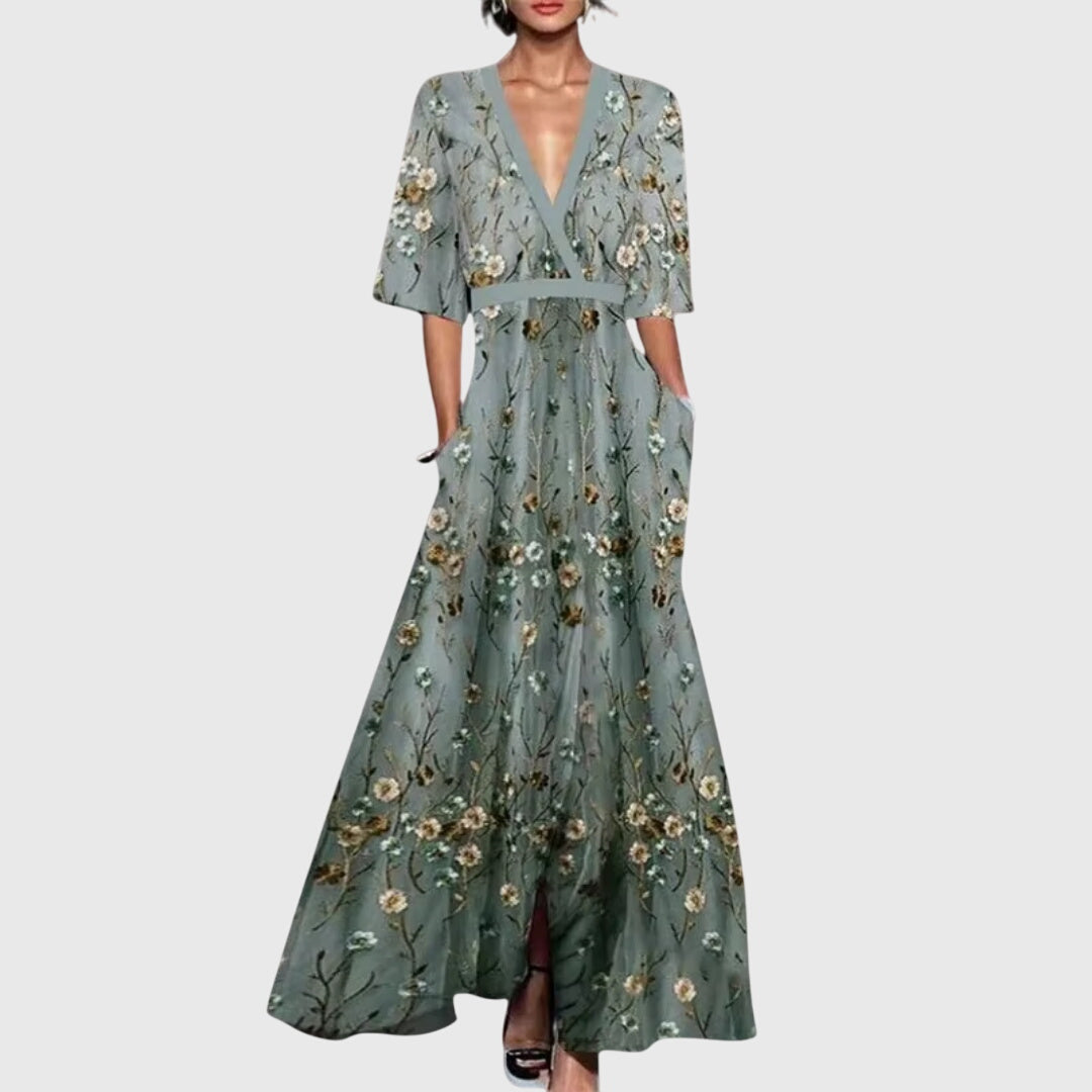Women's Floral Maxi Dress – V-Neck Wedding Guest Dress | Flutter Sleeve Formal Occasion Gown, Blue Red