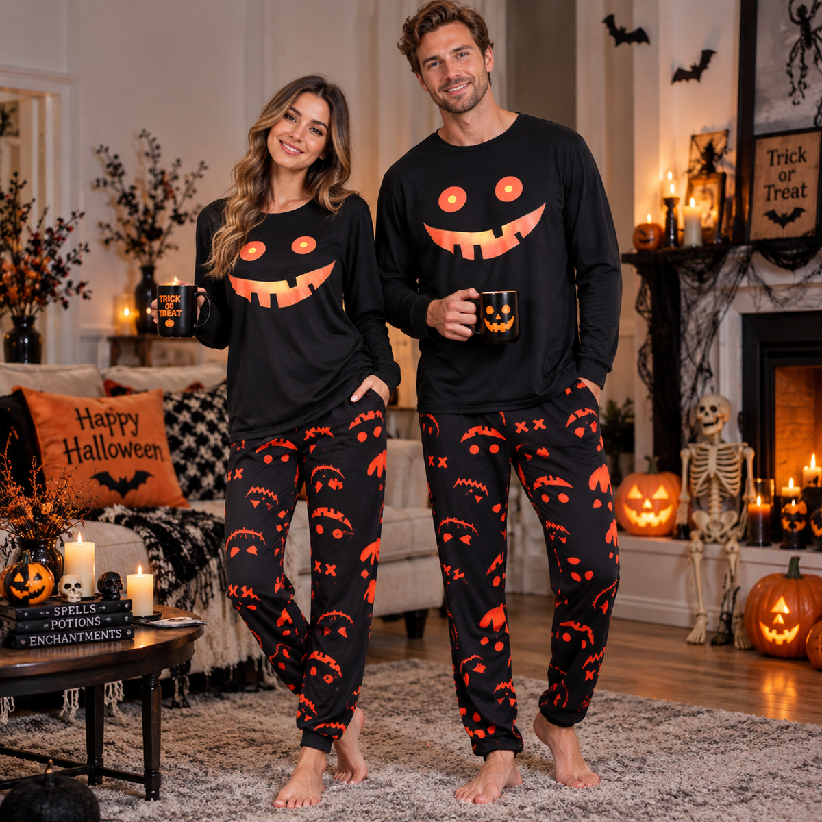 Halloween Pyjamas Unisex Sæt – Sort Nattøj med Græskaransigt