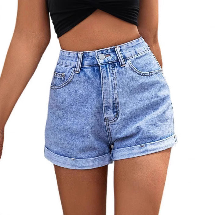 Højtaljede Denim Shorts Dame – Knappet Lige Ben Jeans Shorts
