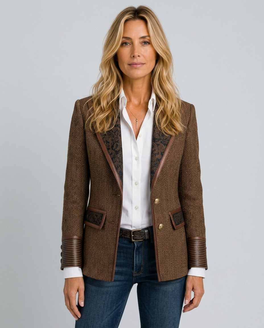 Herringbone Blazer Women – Long Sleeve Panel Tailored Jacket