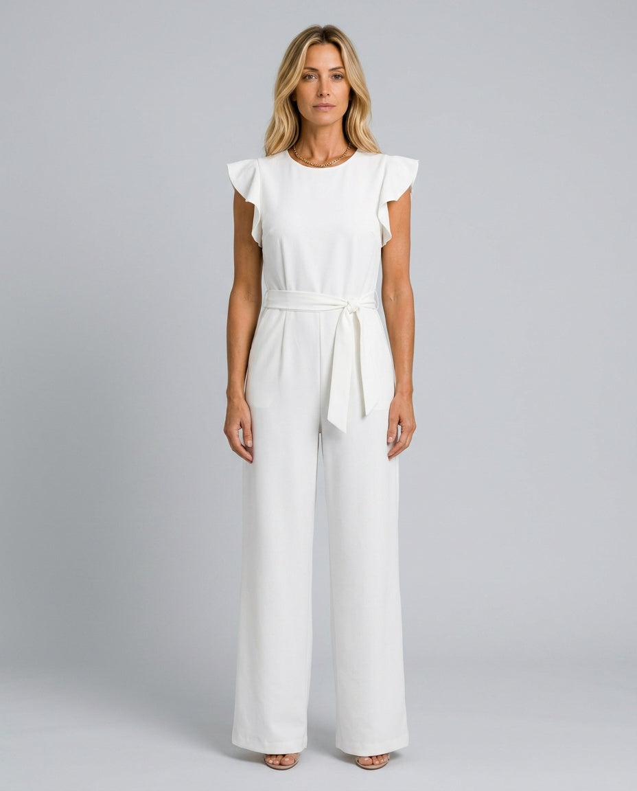 Ruffle Sleeve Jumpsuit Women – Straight Leg Tie Belt Jumpsuit