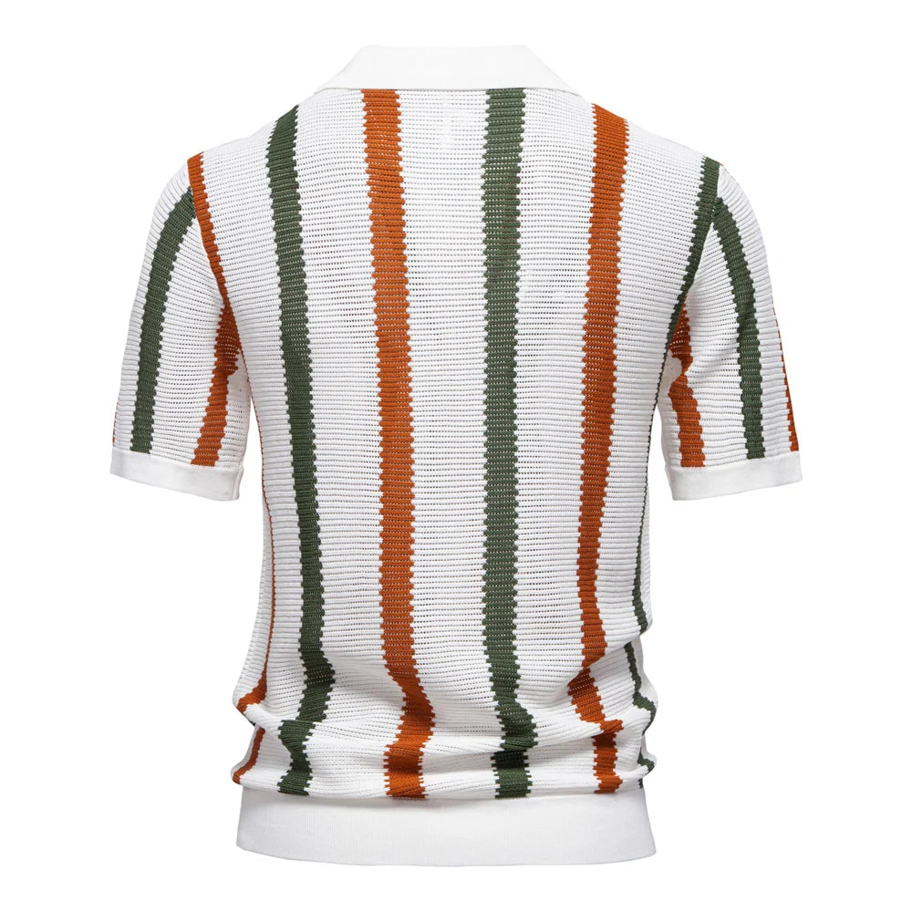 Kortærmet Polo Shirt Til Mænd med Vertikale Striber og V-Hals - Komfortabel Stil 1