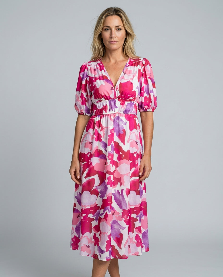 Puff Sleeve Midi Dress Women – V-Neck Pleated Abstract Dress